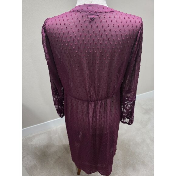 Sheer Plum Button-Front Textured Tunic Dress With Lace Sleeves Women's M/L - Picture 7 of 9